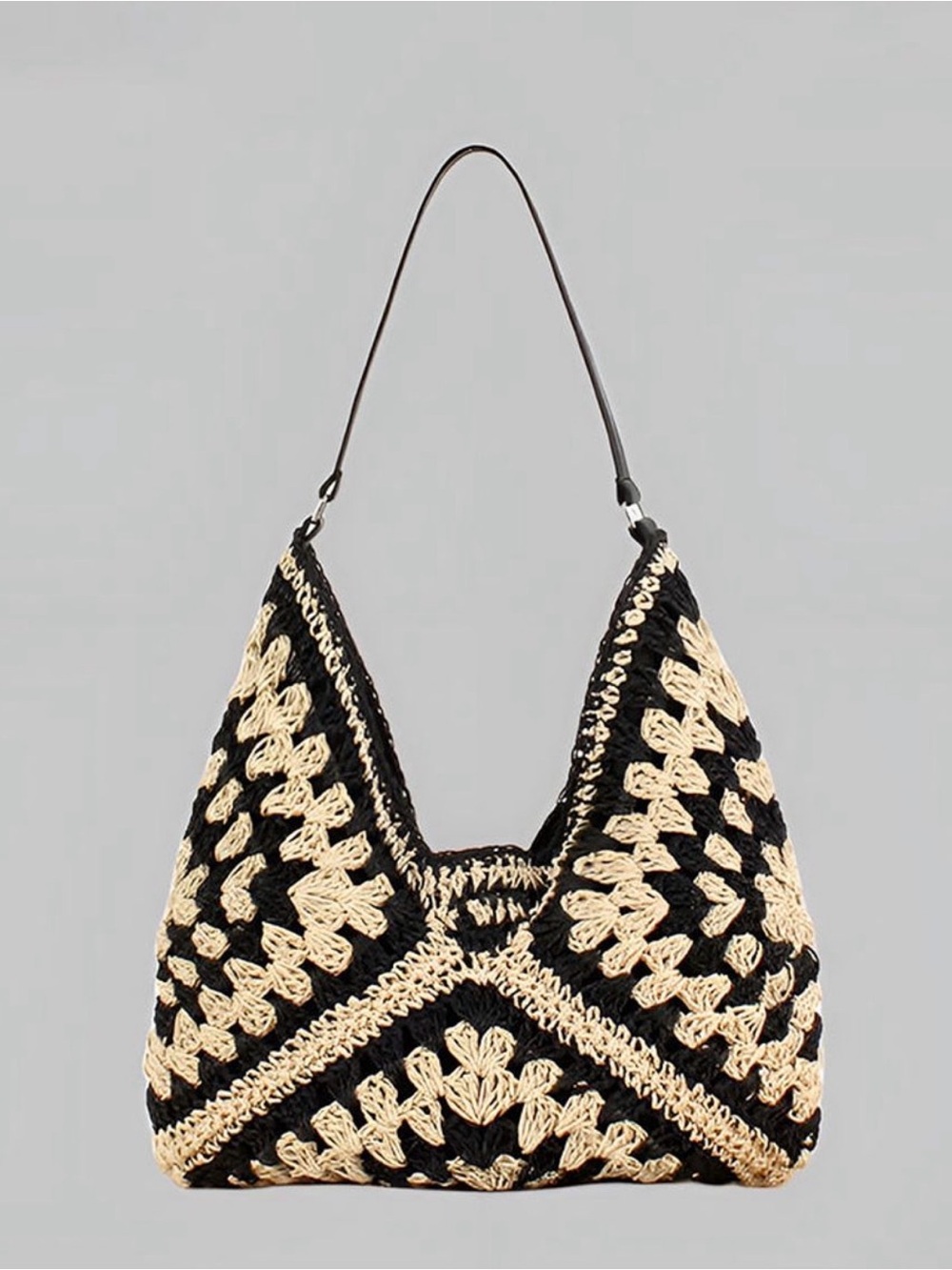 Commense Black & Natural Straw Macrame Shoulder Bag - Picture 3 of 4